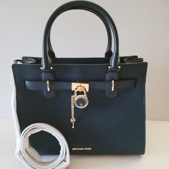 Michael Kors Hamilton Medium Satchel Crossbody Handbag Navy Leather - Picture 2 of 7